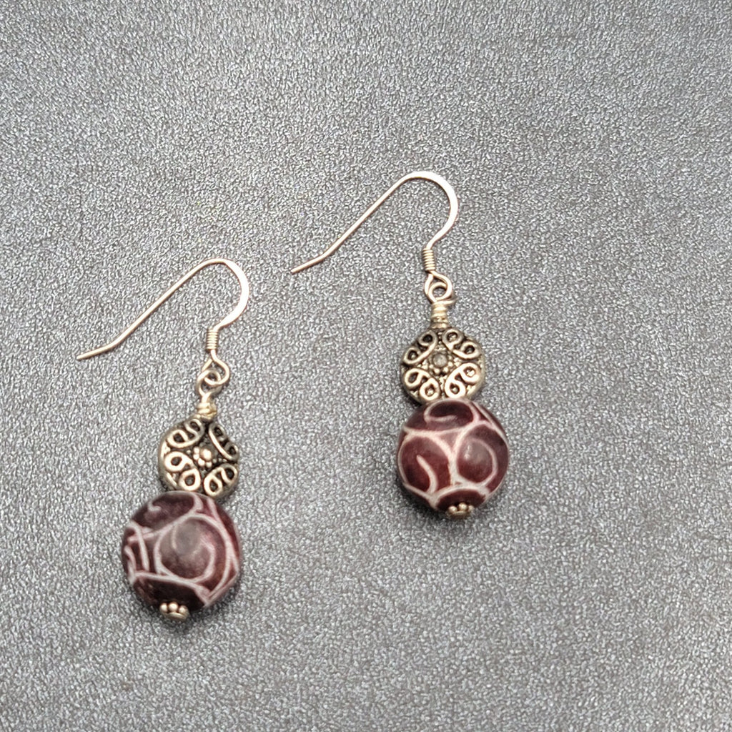 Pierced Earrings Silver tone Hand Carved Purple Stone Bead Dangle  1.25"