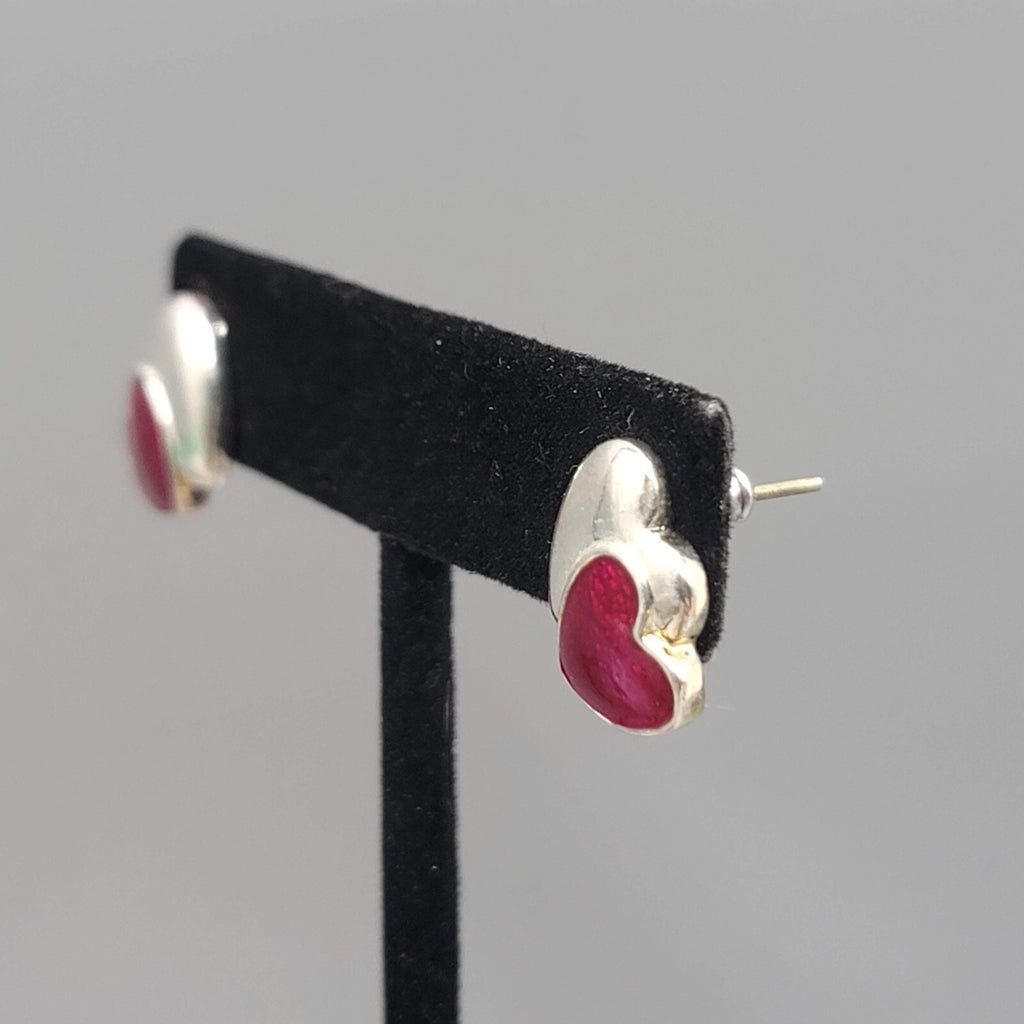 Heart Pierced Earrings Silver tone Red Enamel Studs Hearts 5/8"