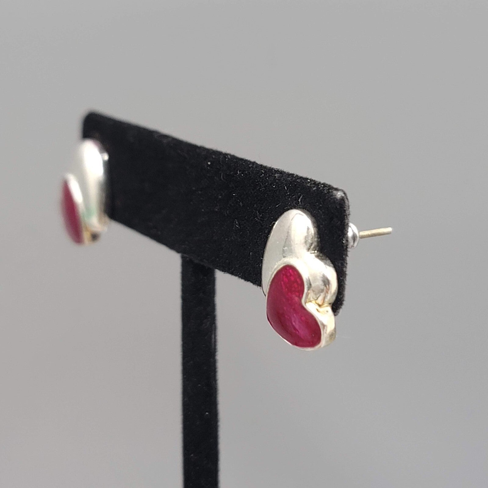 Heart Pierced Earrings Silver tone Red Enamel Studs Hearts 5/8"