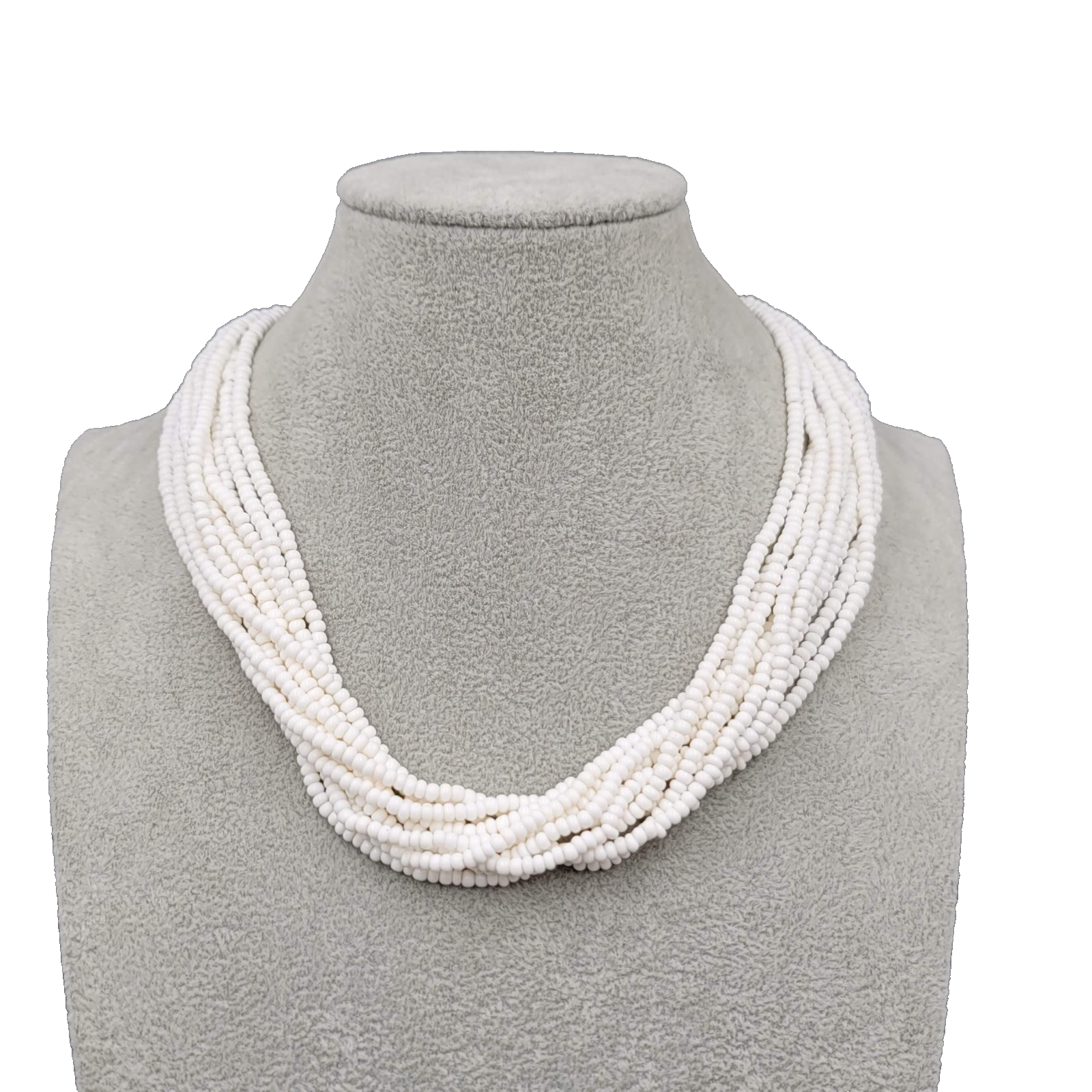Vintage 10 Strand White Seed Bead Necklace Layered Statement 16 in