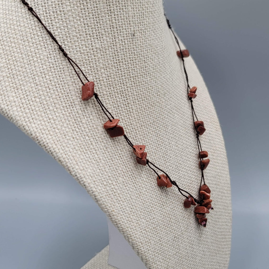 Gold Sandstone Chip Beads Necklace Hand Knotted Cord 18''