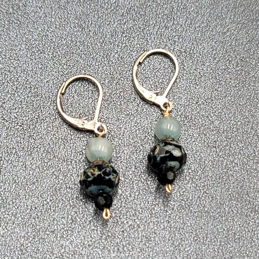 Pierced Earrings Silver tone Blue Stone Bead Dangle 3/4"