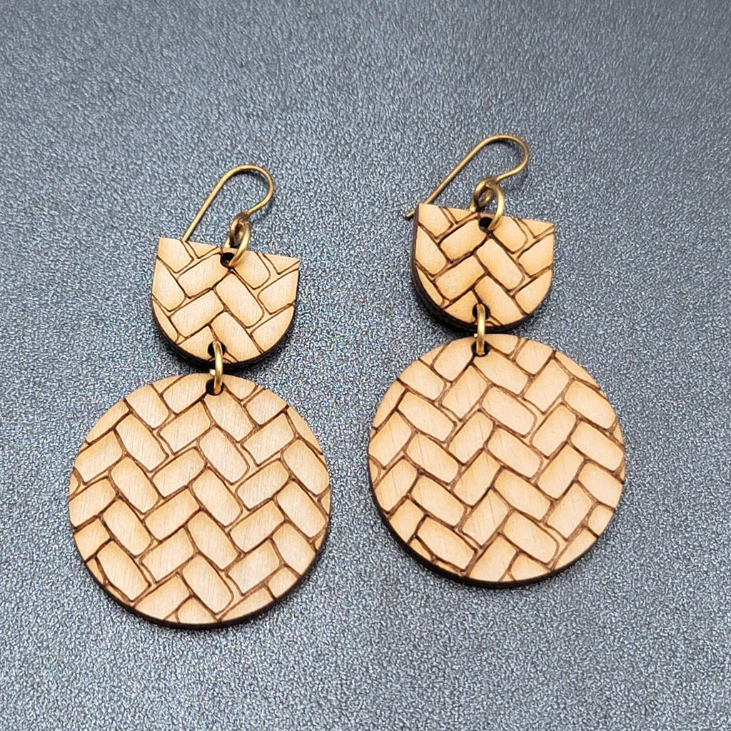 Pierced Earrings Laser Burned Geometric Wood Dangle Statement 2.25"