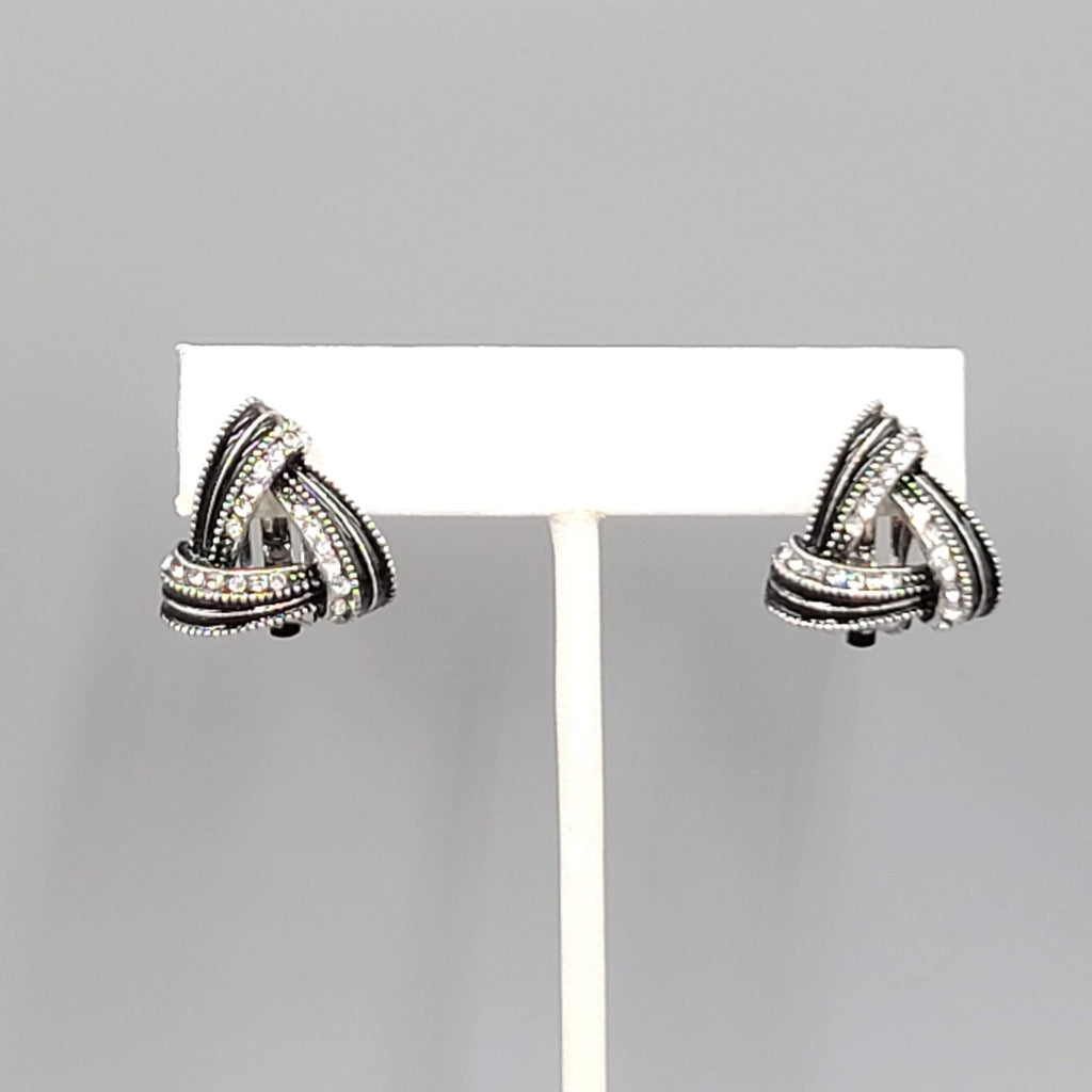 Black Enamel Open Triangle Rhinestone Clip on Earrings Silver tone 3/4"