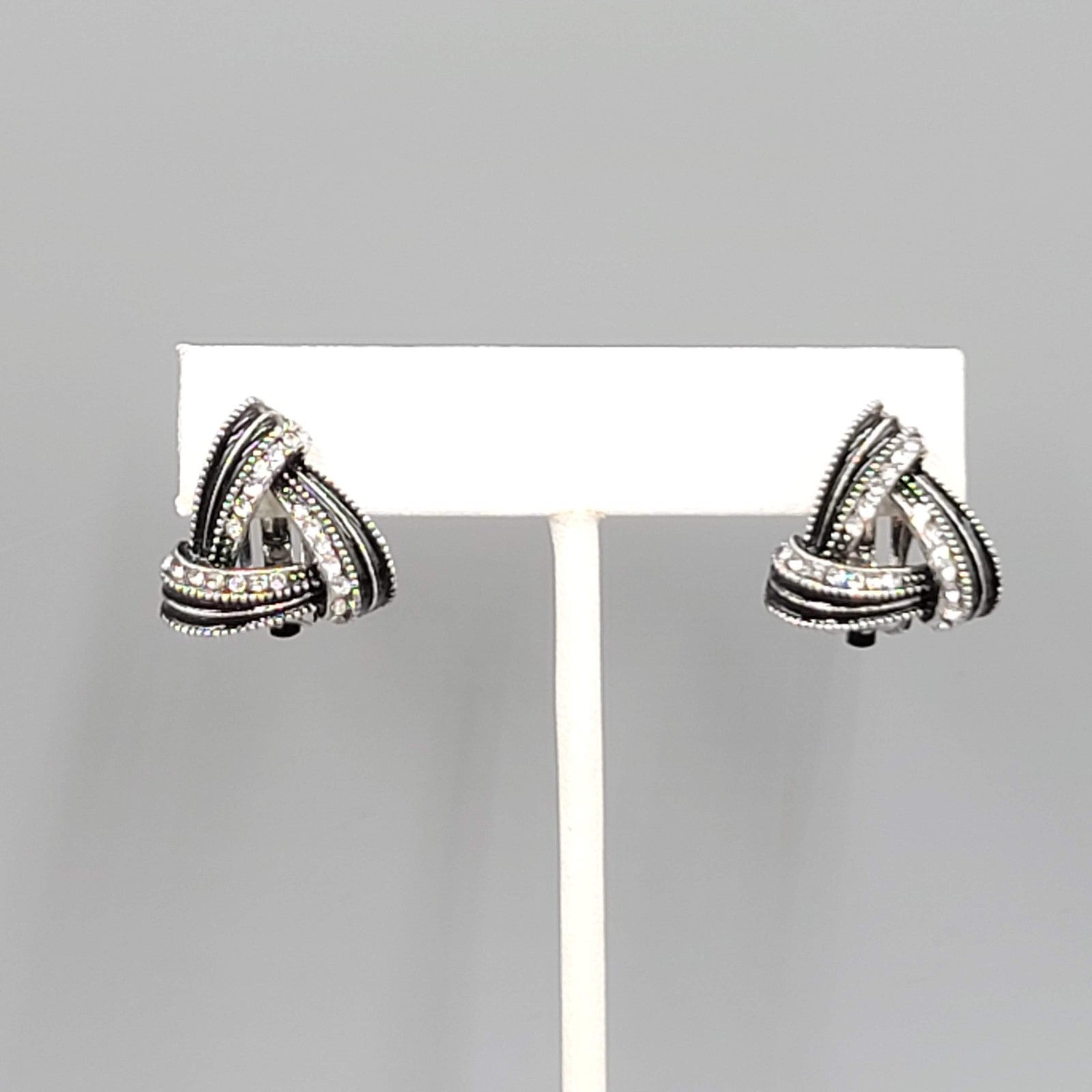 Black Enamel Open Triangle Rhinestone Clip on Earrings Silver tone 3/4"