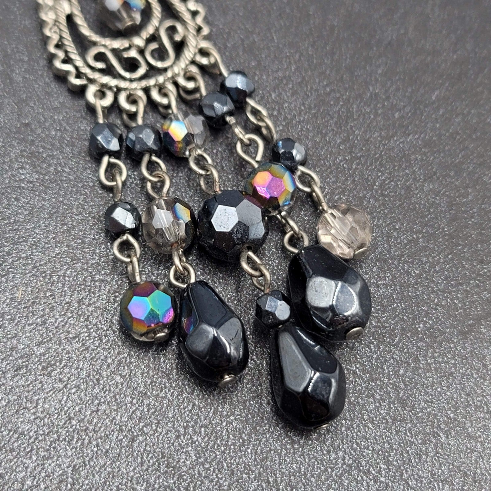 Pierced Earrings Silver tone Black AB Glass Beads Chandelier 3"