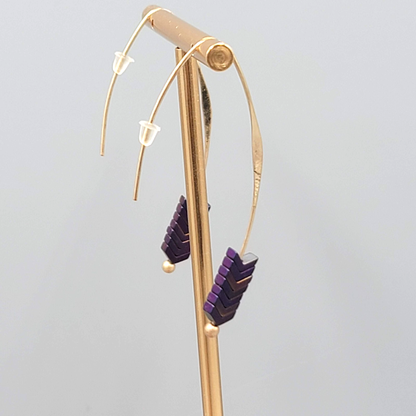 Purple Stone Thin Hook Pierced Earrings Gold tone Drop 2"