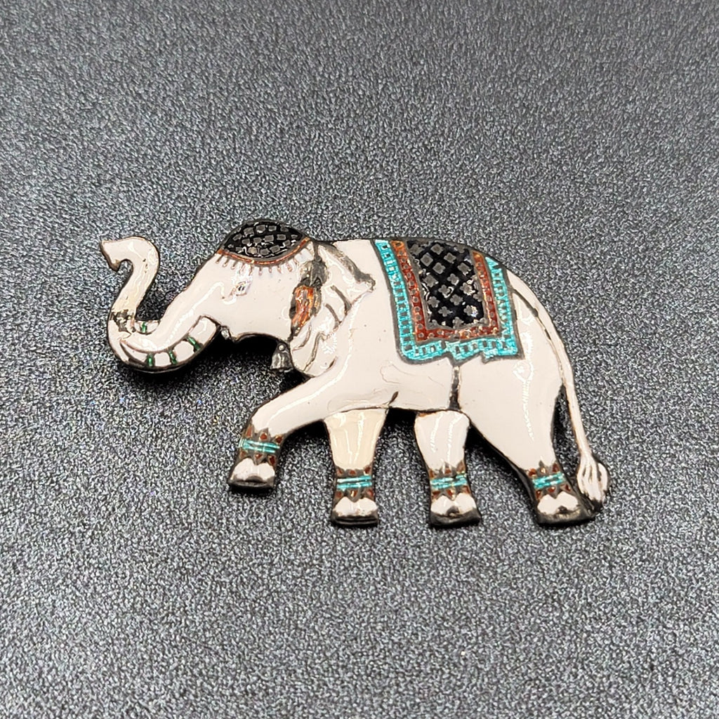 Vintage Sterling Silver Signed Elephant Brooch Enameled White Siam 2"