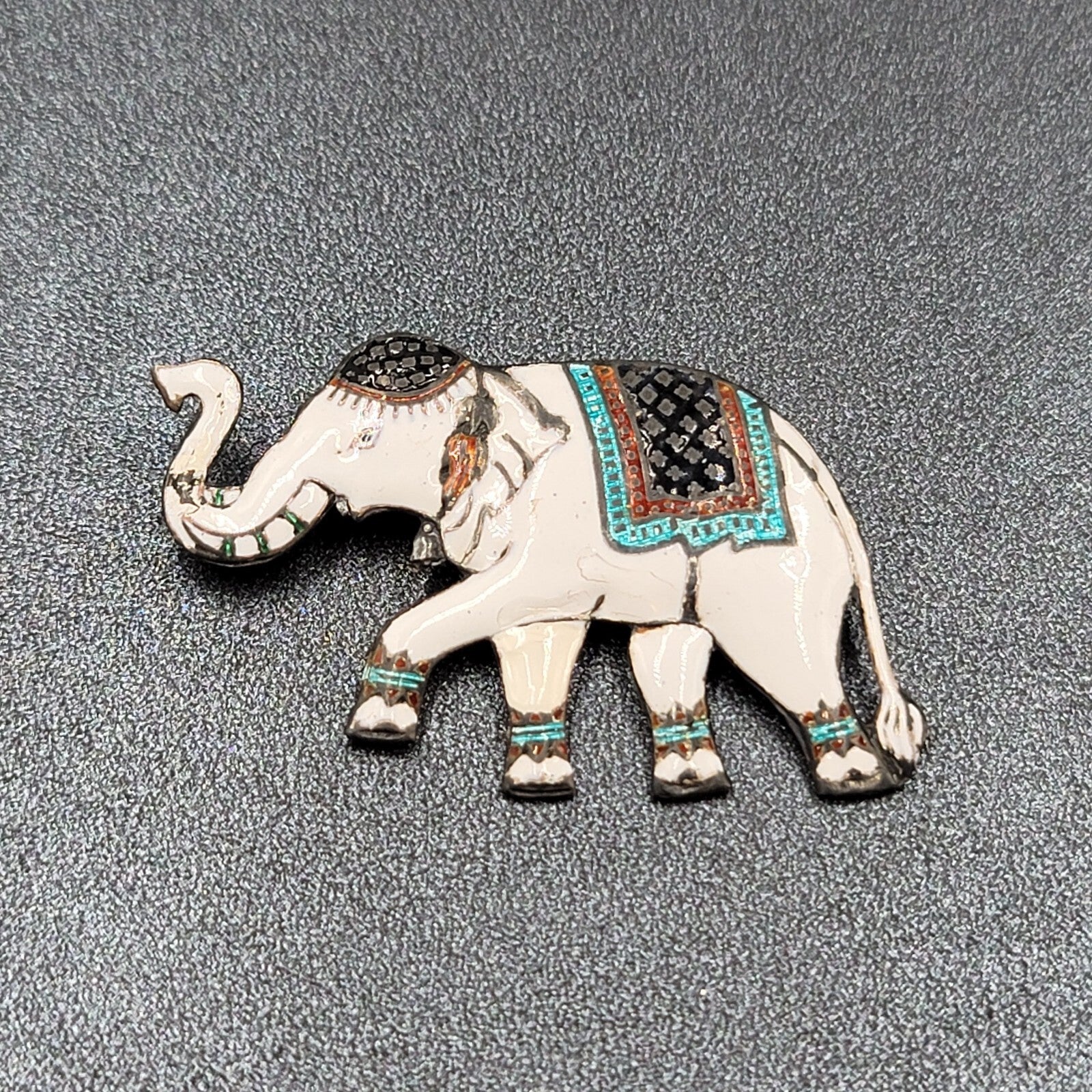 Vintage Sterling Silver Signed Elephant Brooch Enameled White Siam 2"