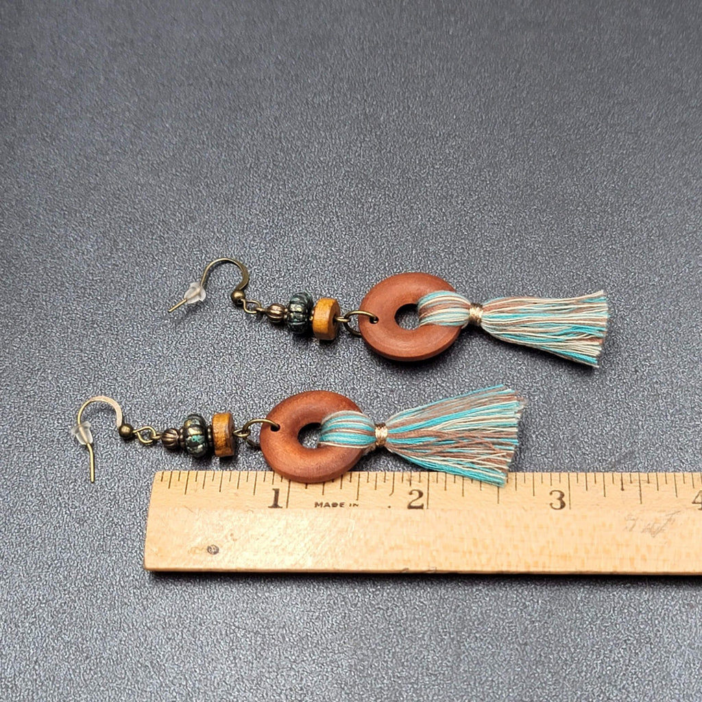 New Boho Pierced Earrings Wood Ring Blue White Tassel Beaded Dangle 2.75"