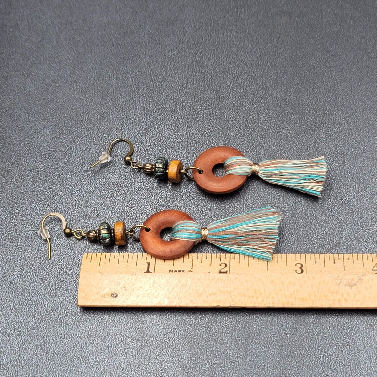 New Boho Pierced Earrings Wood Ring Blue White Tassel Beaded Dangle 2.75"