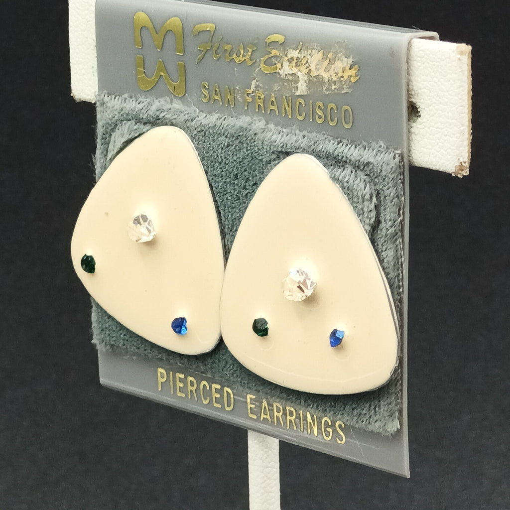 Vintage Pierced Earrings White Enamel Blue Clear Crystal Accent Triangle  1"
