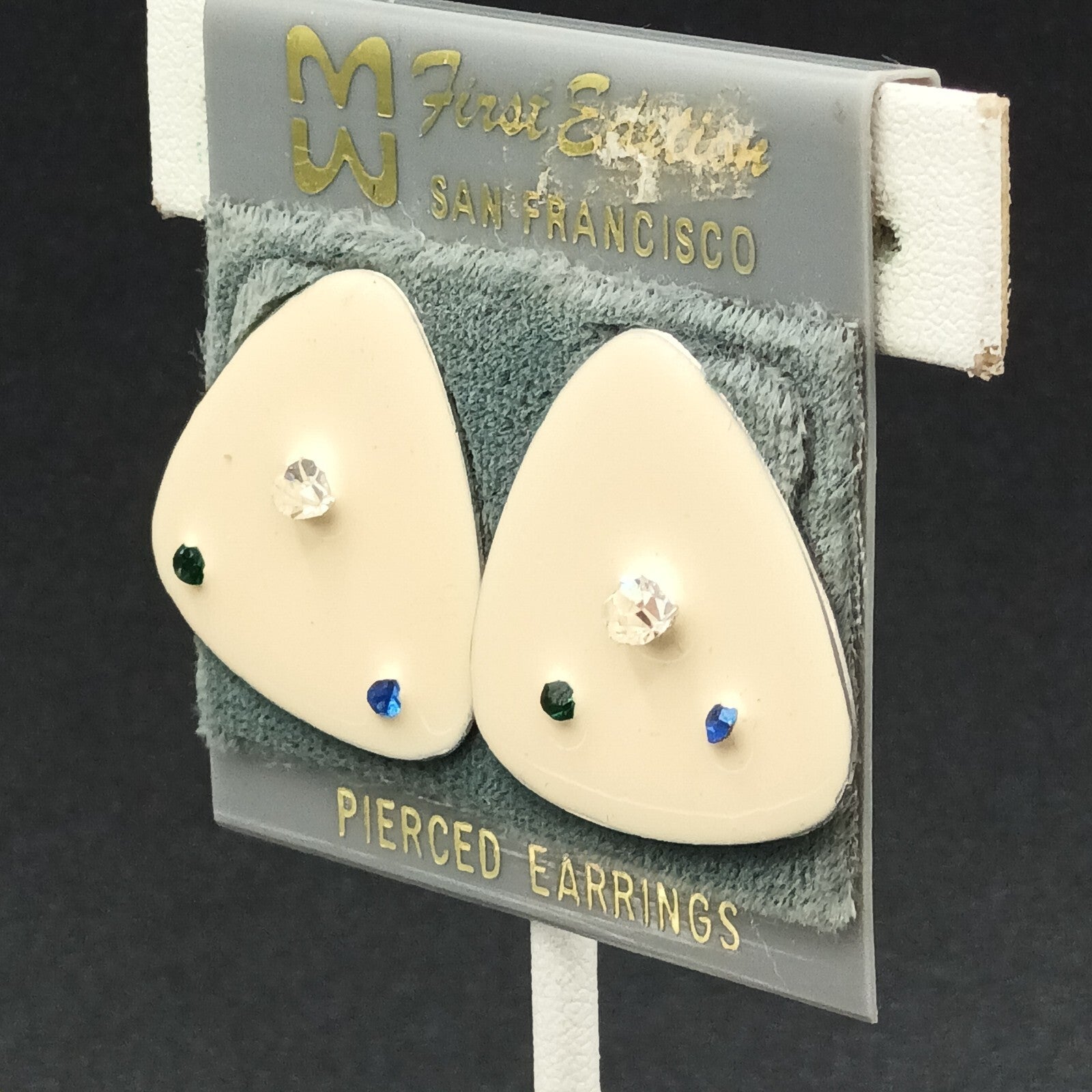 Vintage Pierced Earrings White Enamel Blue Clear Crystal Accent Triangle  1"
