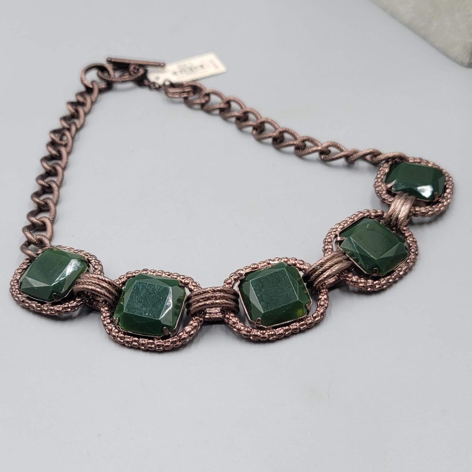 Talbots Necklace Large Statement Dark Bronze tone Green Accents 18 in Toggle