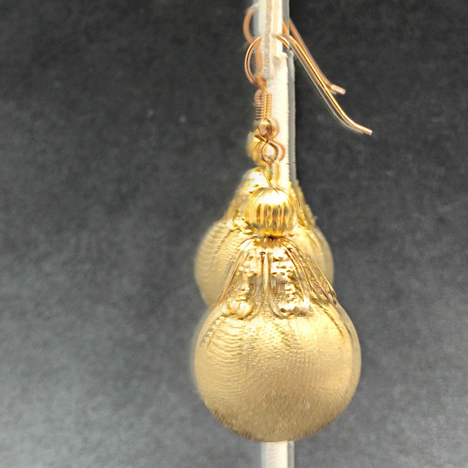 Pierced Earrings Gold tone Christmas Ornament Fabric Wrapped Ball Dangle 1 3/4"