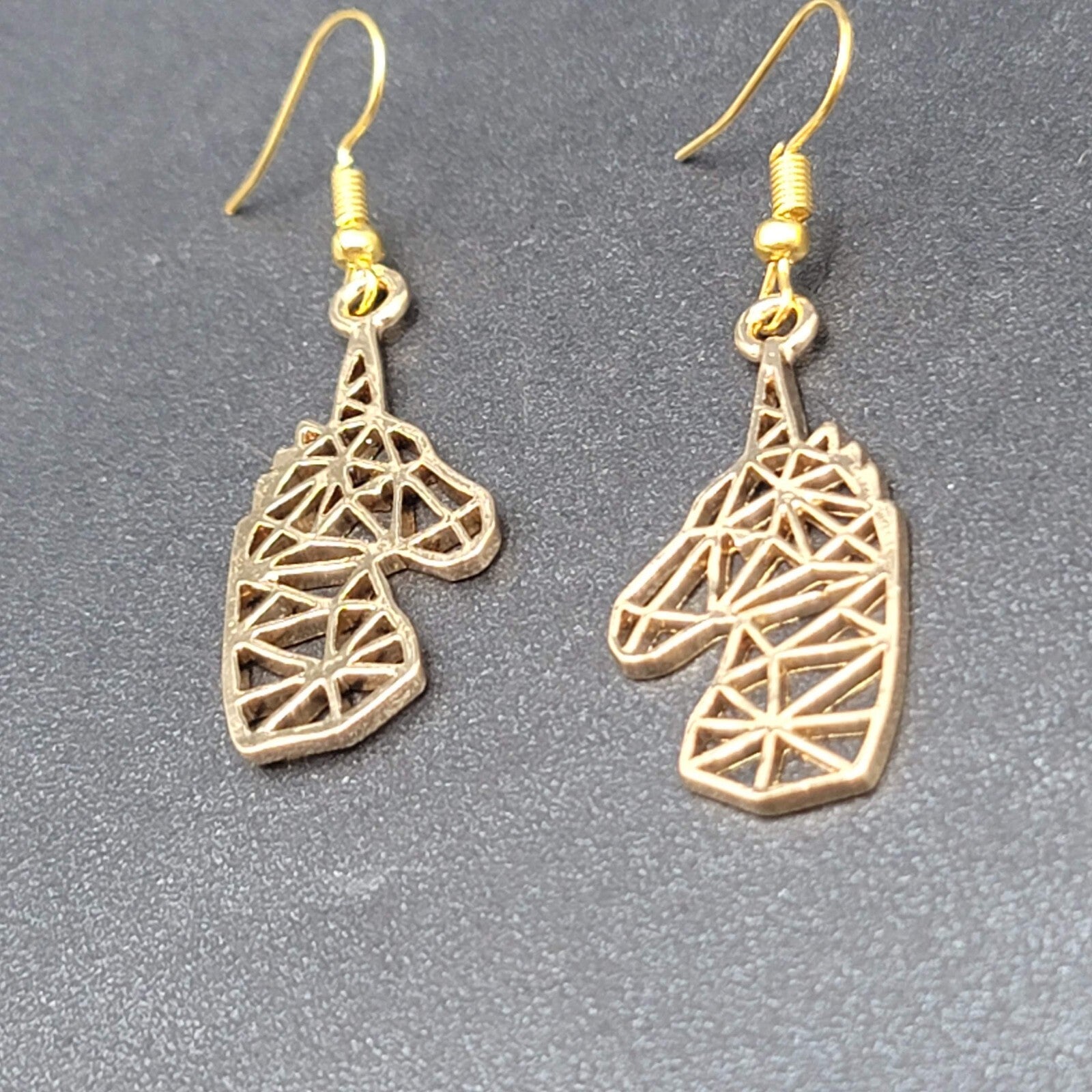 Unicorn Pierced Earrings Gold tone Open Geometric Dangle 1 3/8"