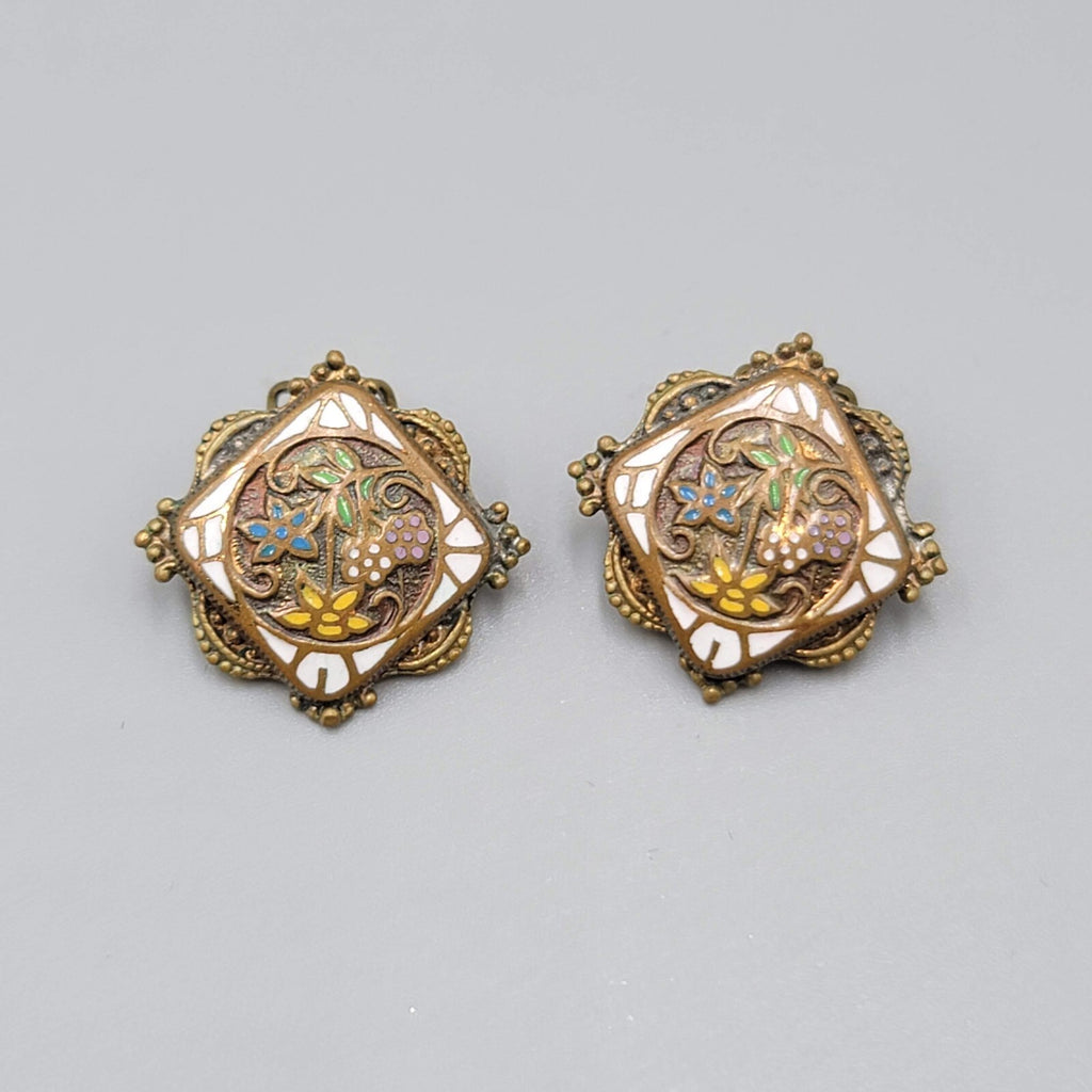Antique Vintage Flower Enamel Clip on Earrings Brass Gold tone Square 7/8"