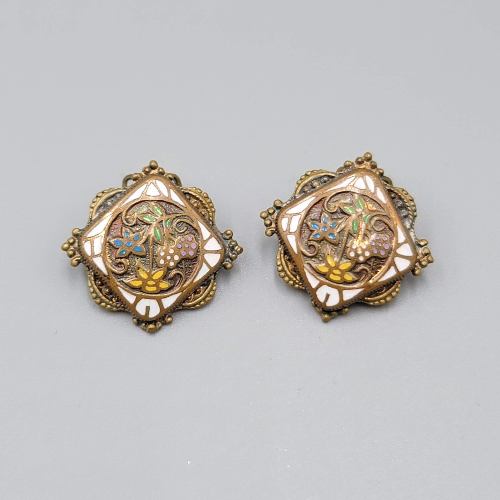 Antique Vintage Flower Enamel Clip on Earrings Brass Gold tone Square 7/8"