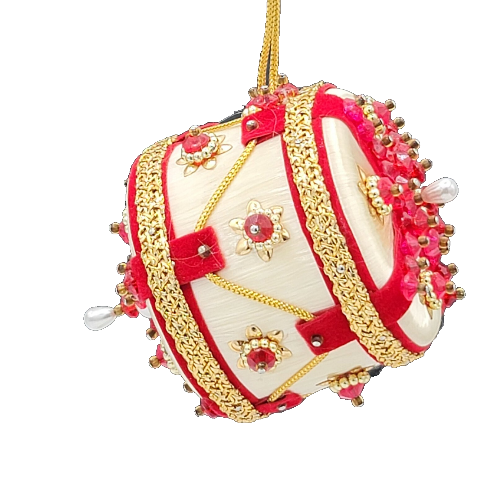 Vintage White Spun Satin Pearl Push Pin Christmas Ornament Velvet Ribbon Bead