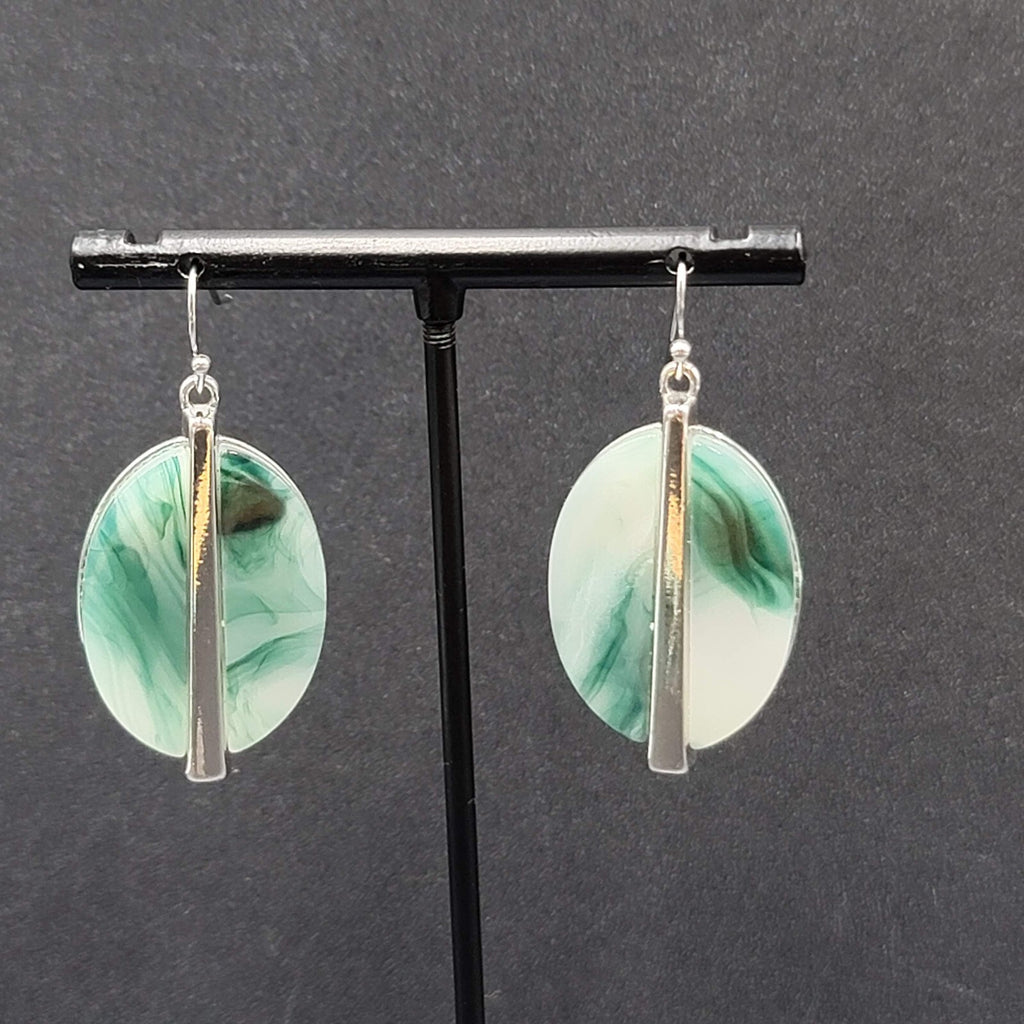 Pierced Earrings Silver tone Green White Resin Oval Dangle 1 3/8"