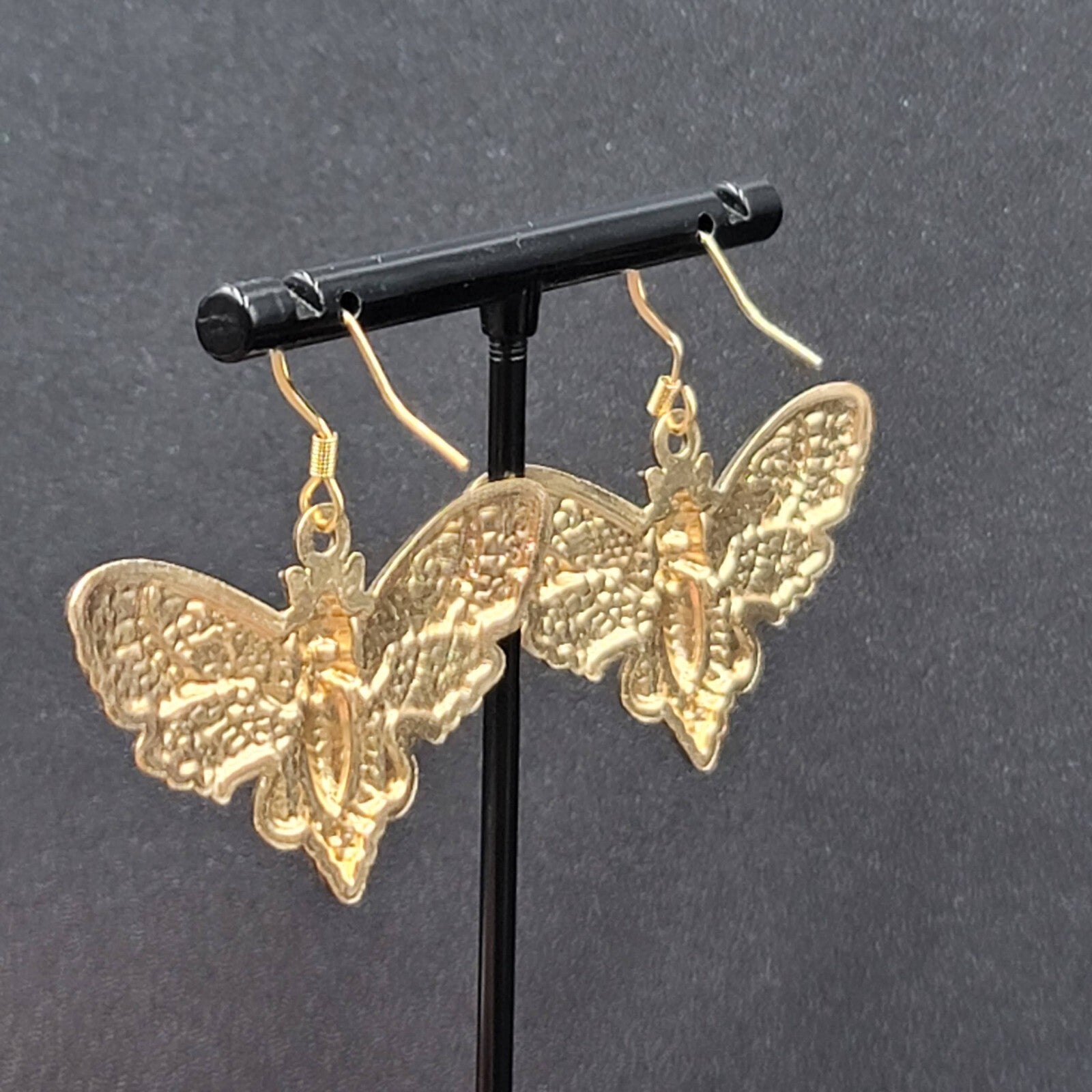 Death Head Moth Pierced Earrings Gold tone Dangle 1" x 1 5/8" 