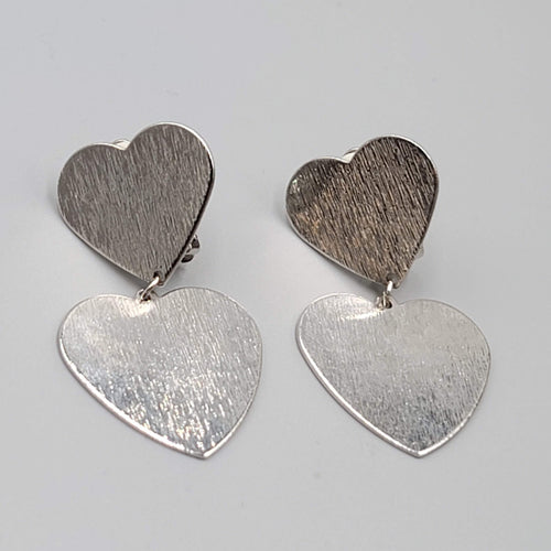 Double Heart Clip on Earrings Textured Silver tone Dangle 1 5/8"