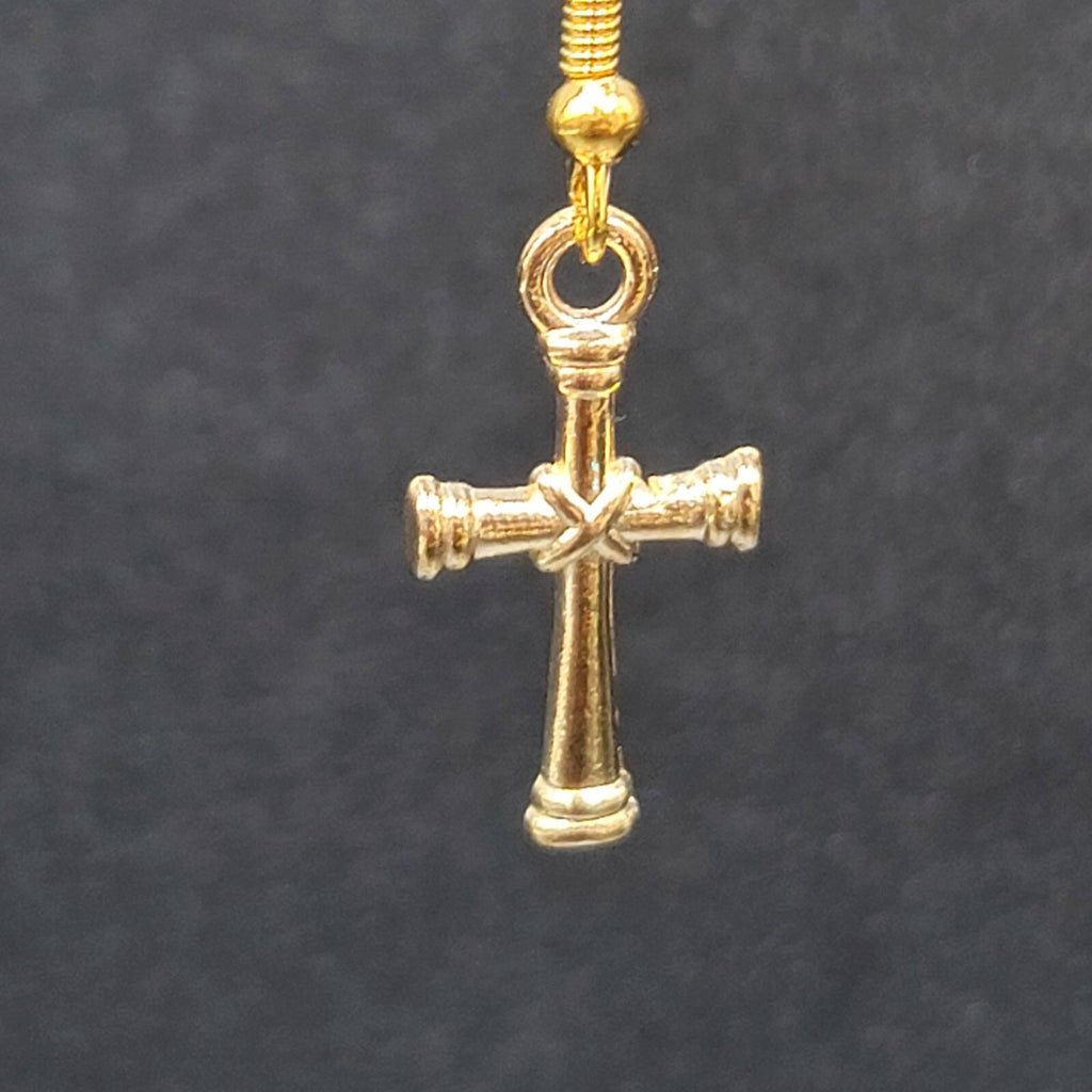 Cross Pierced Earrings Gold tone Dangle 3/4"