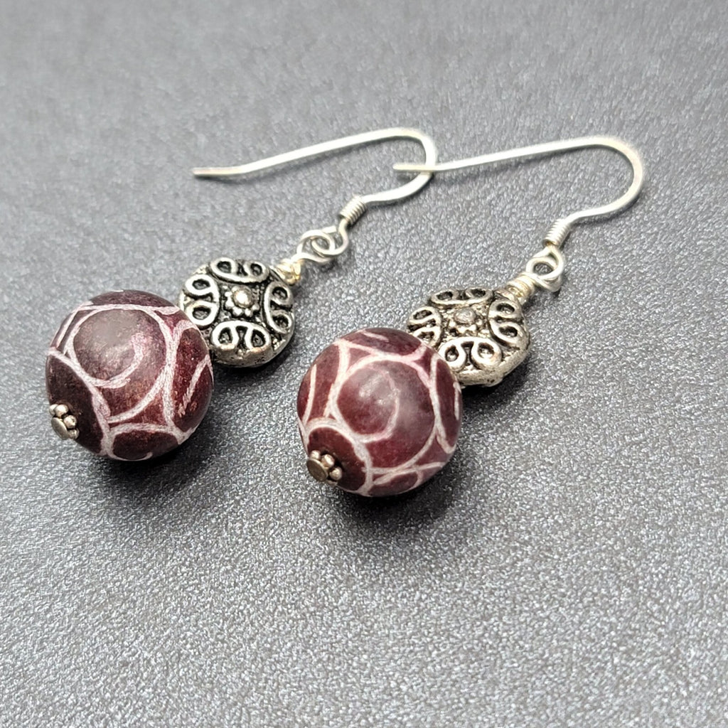 Pierced Earrings Silver tone Hand Carved Purple Stone Bead Dangle  1.25"