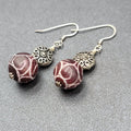 Pierced Earrings Silver tone Hand Carved Purple Stone Bead Dangle  1.25"