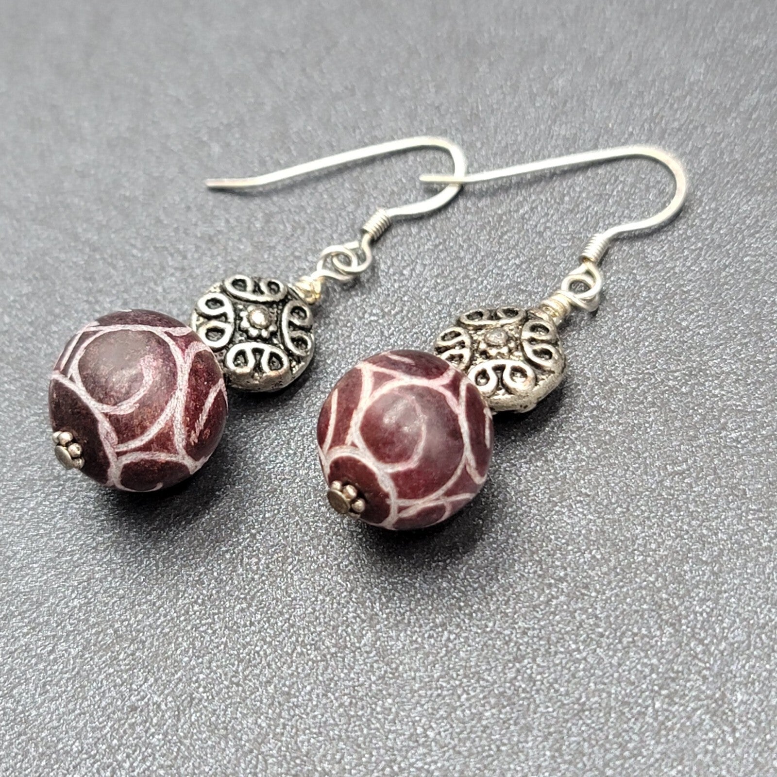 Pierced Earrings Silver tone Hand Carved Purple Stone Bead Dangle  1.25"