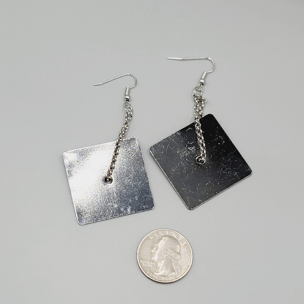 Pierced Earrings Silver tone Chain Black Metal Square Dangle Unique 2.5"