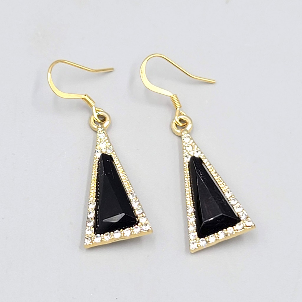 Triangle Black Rhinestone Pierced Earrings Gold tone Dangle 7/8"
