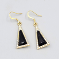 Triangle Black Rhinestone Pierced Earrings Gold tone Dangle 7/8"
