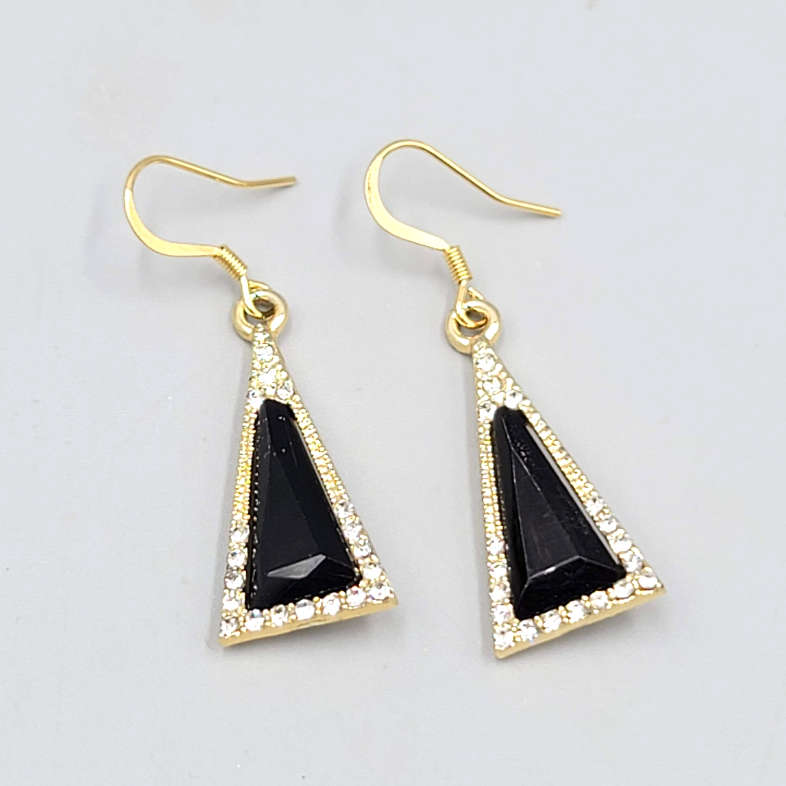 Triangle Black Rhinestone Pierced Earrings Gold tone Dangle 7/8"