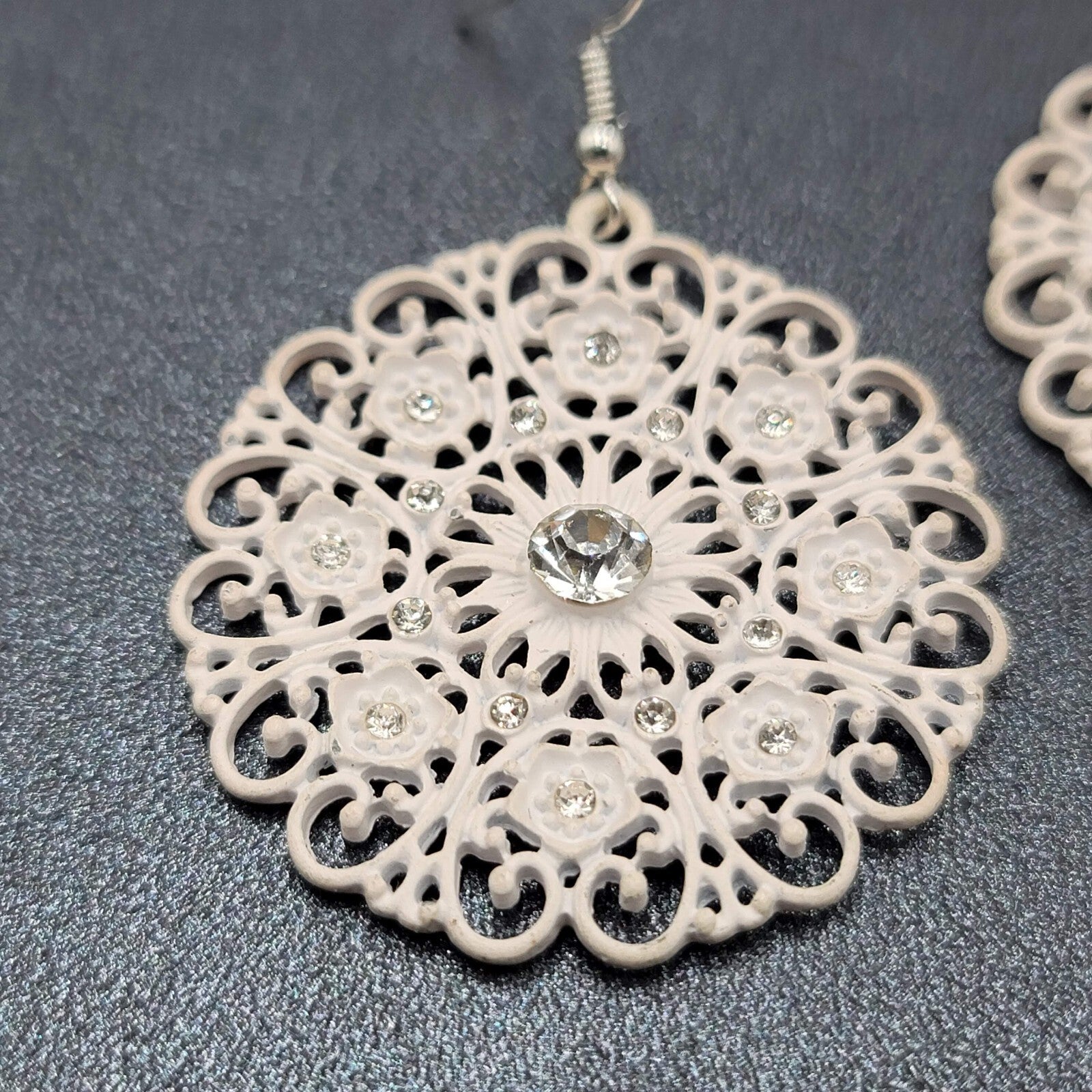 Pierced Earrings White Enamel Rhinestone Medallion Open Work 1.75"