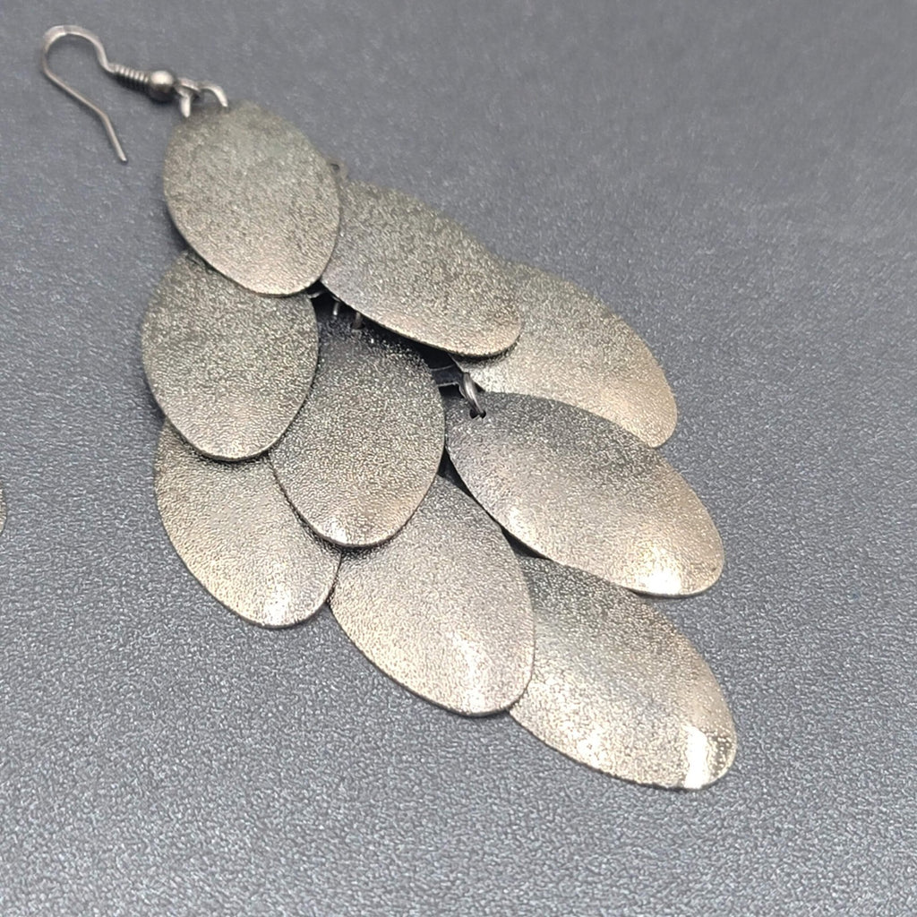 Pierced Earrings Gunmetal Gray Textured Layered Chandelier Dangle 4"