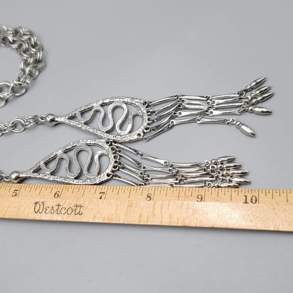 Vintage Lariat Necklace MCM Statement Silver tone LONG 36" + 5.5" Tassels