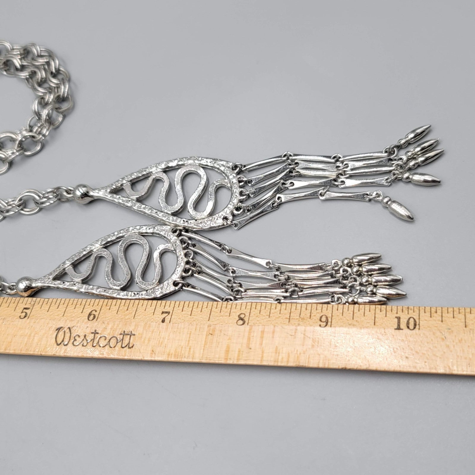 Vintage Lariat Necklace MCM Statement Silver tone LONG 36" + 5.5" Tassels