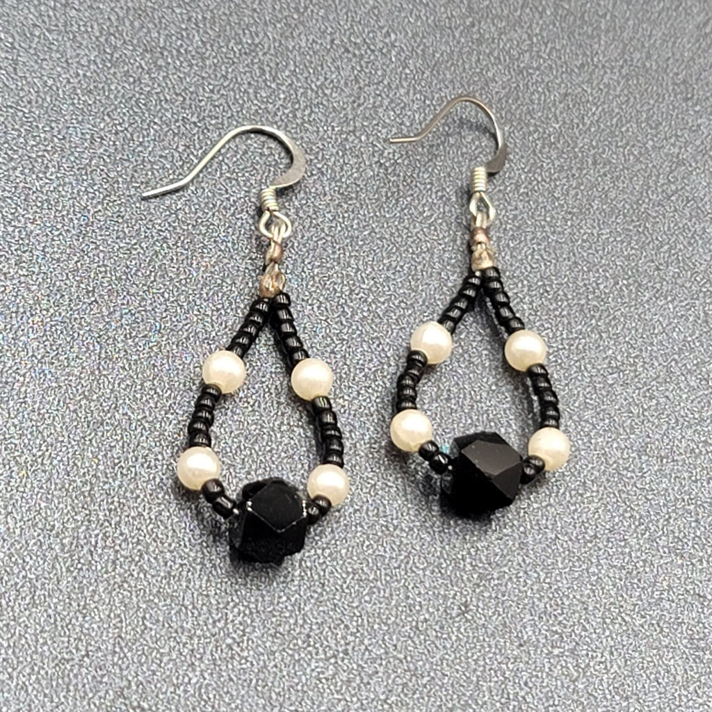 Pierced Earrings White Black Beaded Teardrop Hoops 1 3/8"