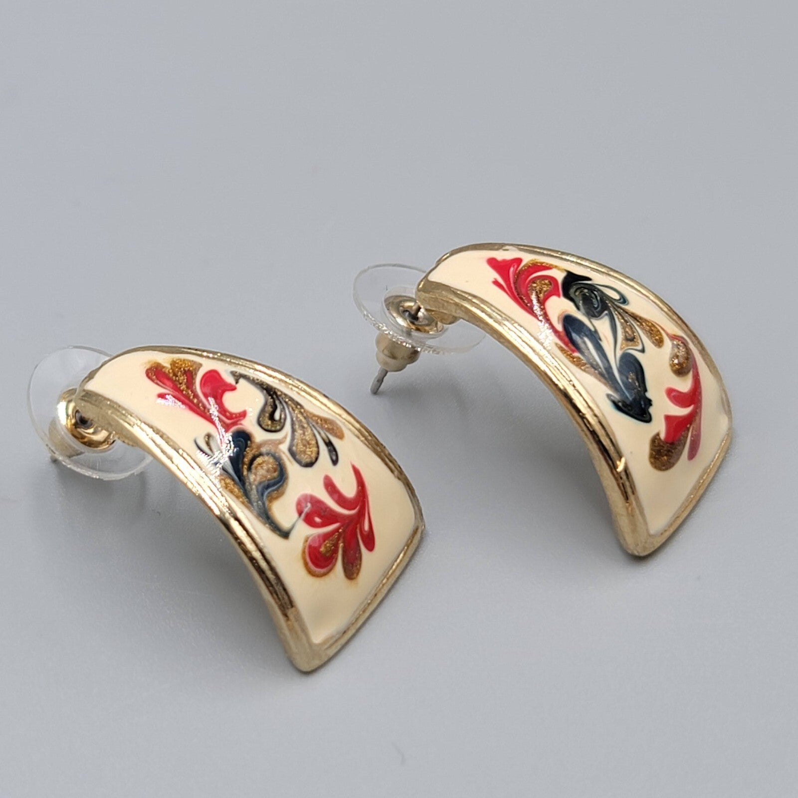 Vintage Pierced Earrings White Red Green Enamel Gold tone Drop 1"