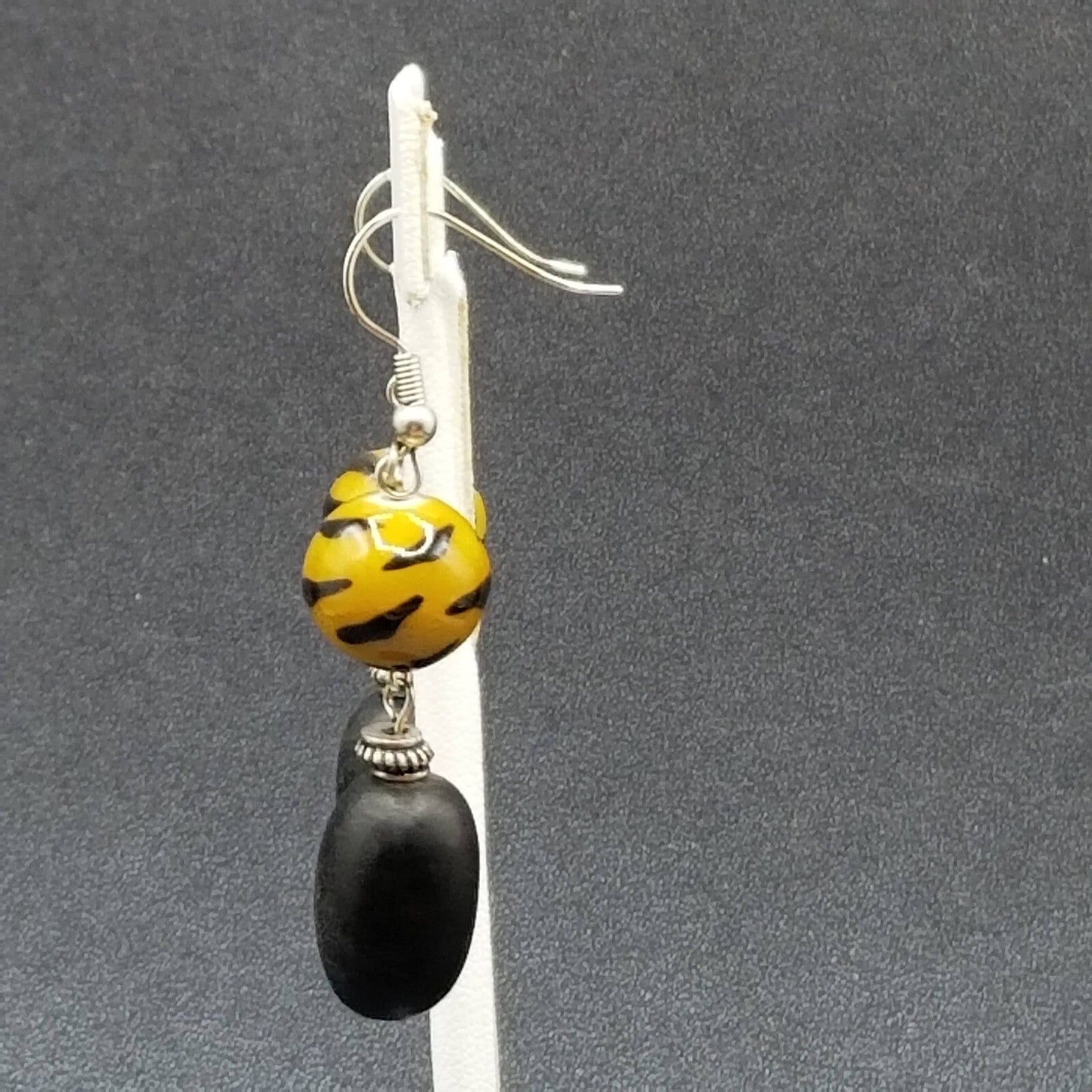 Pierced Earrings Glass Wood Bead Boho Dangle 1 1/2"