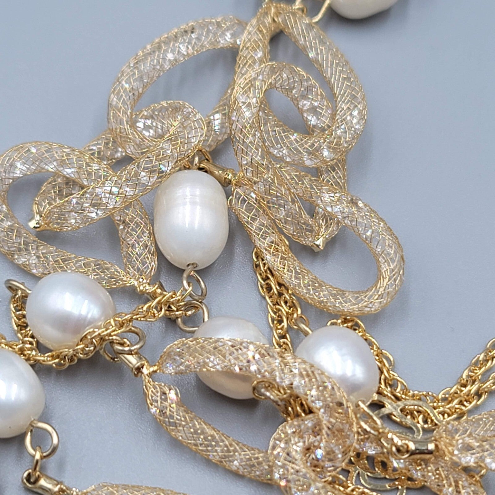 Long Dainty Pearl Necklace Gold Plated Mesh Clover Station 40"-42"