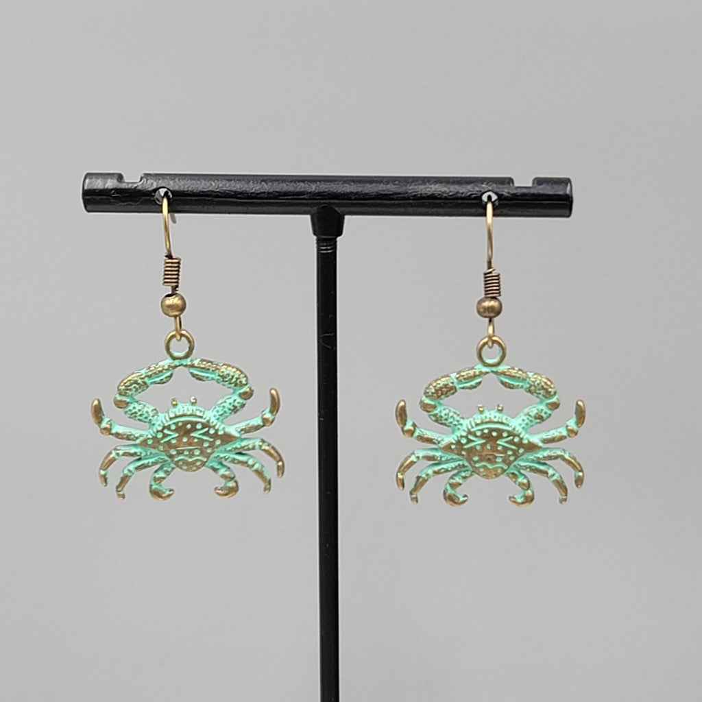 Crab Beach Sea life Pierced Earrings Bronze tone Green wash Dangle 7/8"