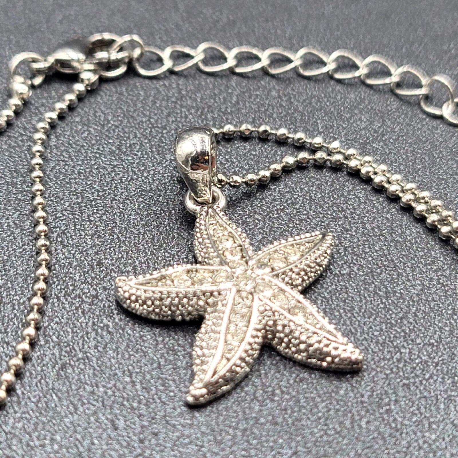 Starfish Necklace Silver tone Crystal Rhinestone Ball Chain 16"-18"