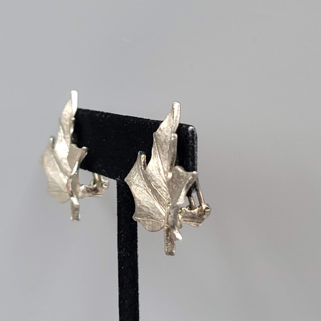 Vintage Leaf Clip on Earrings Brushed Textured Silver tone 1.25"