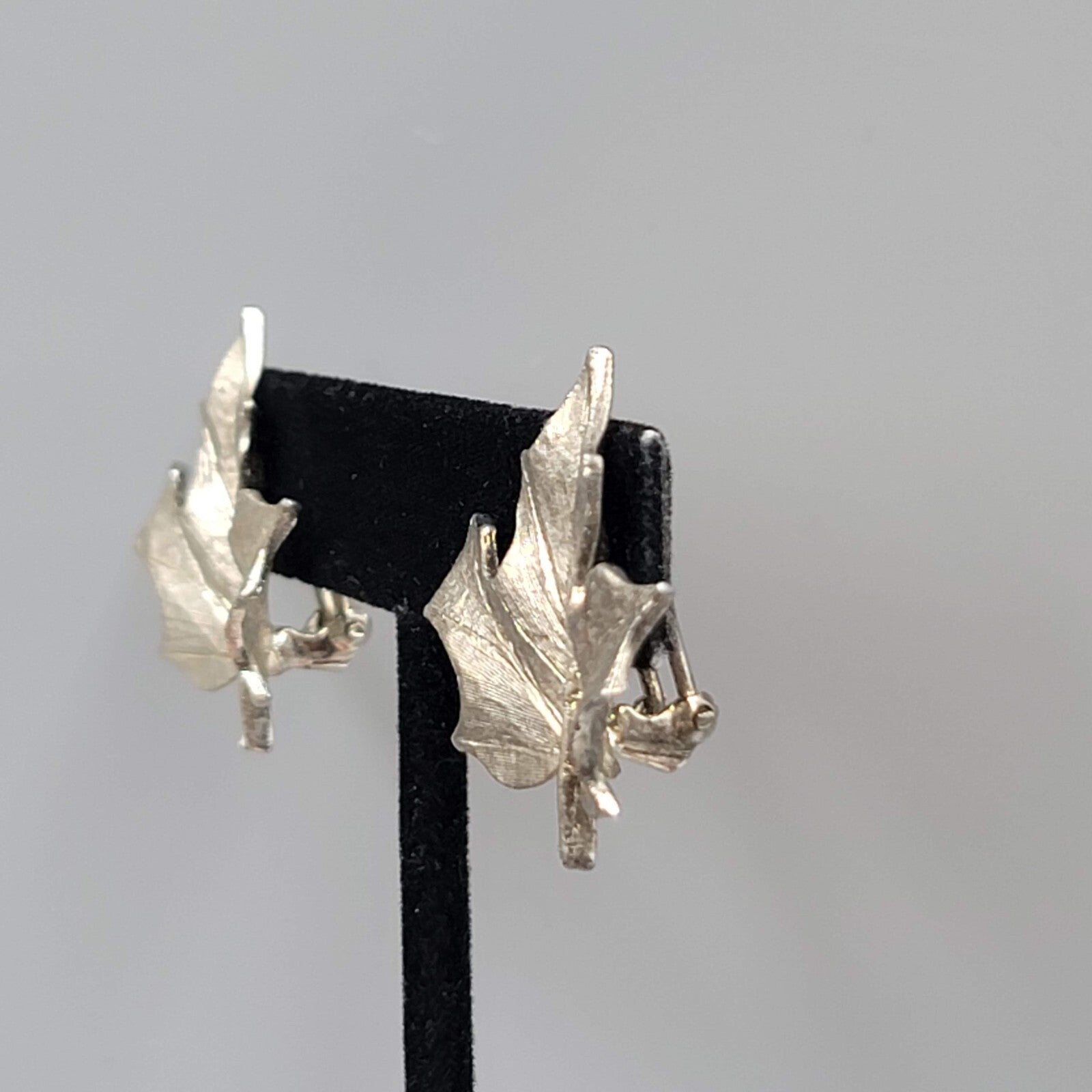 Vintage Leaf Clip on Earrings Brushed Textured Silver tone 1.25"