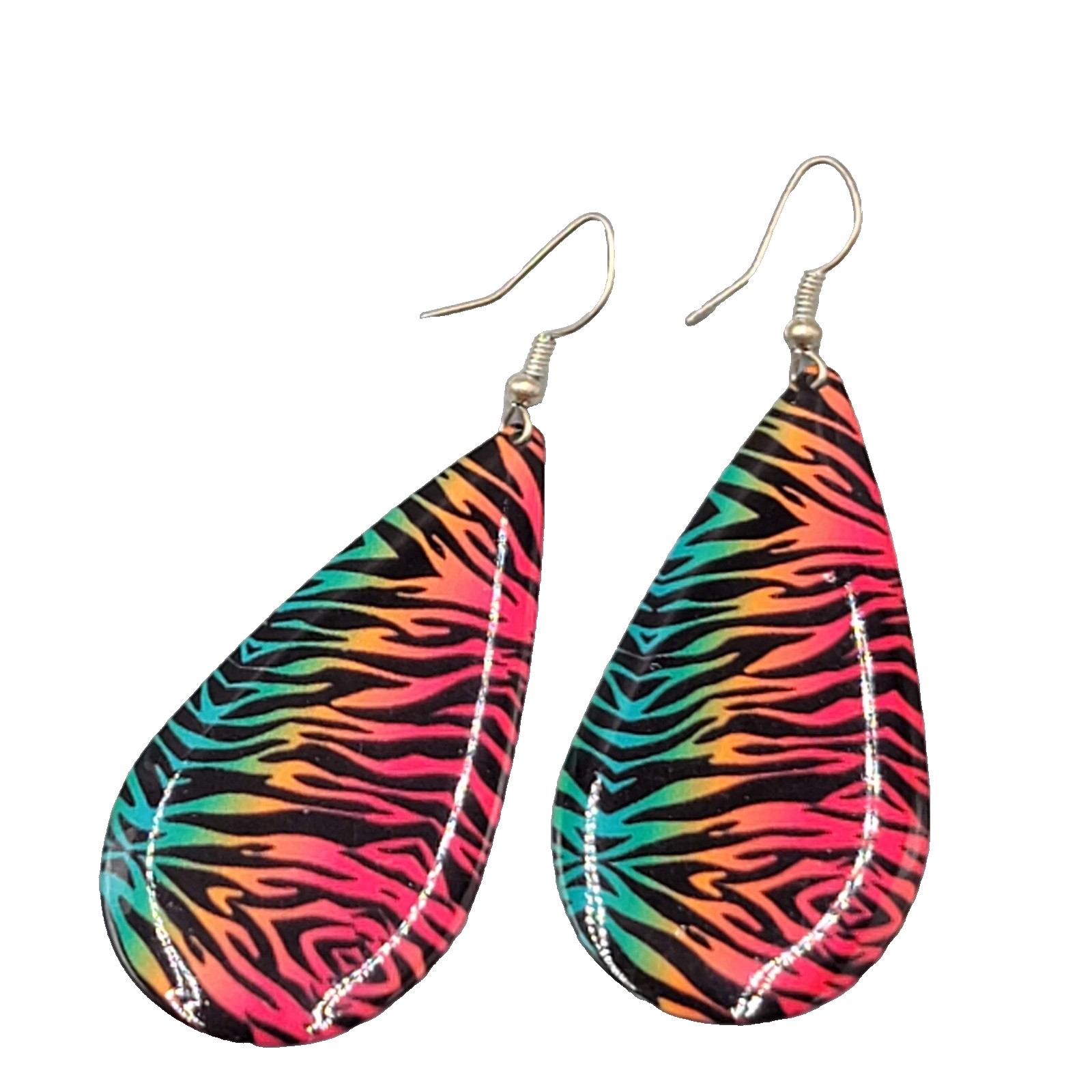 Statement Large Teardrop Pierced Earrings Multicolor Tiger Stripes 2.25"