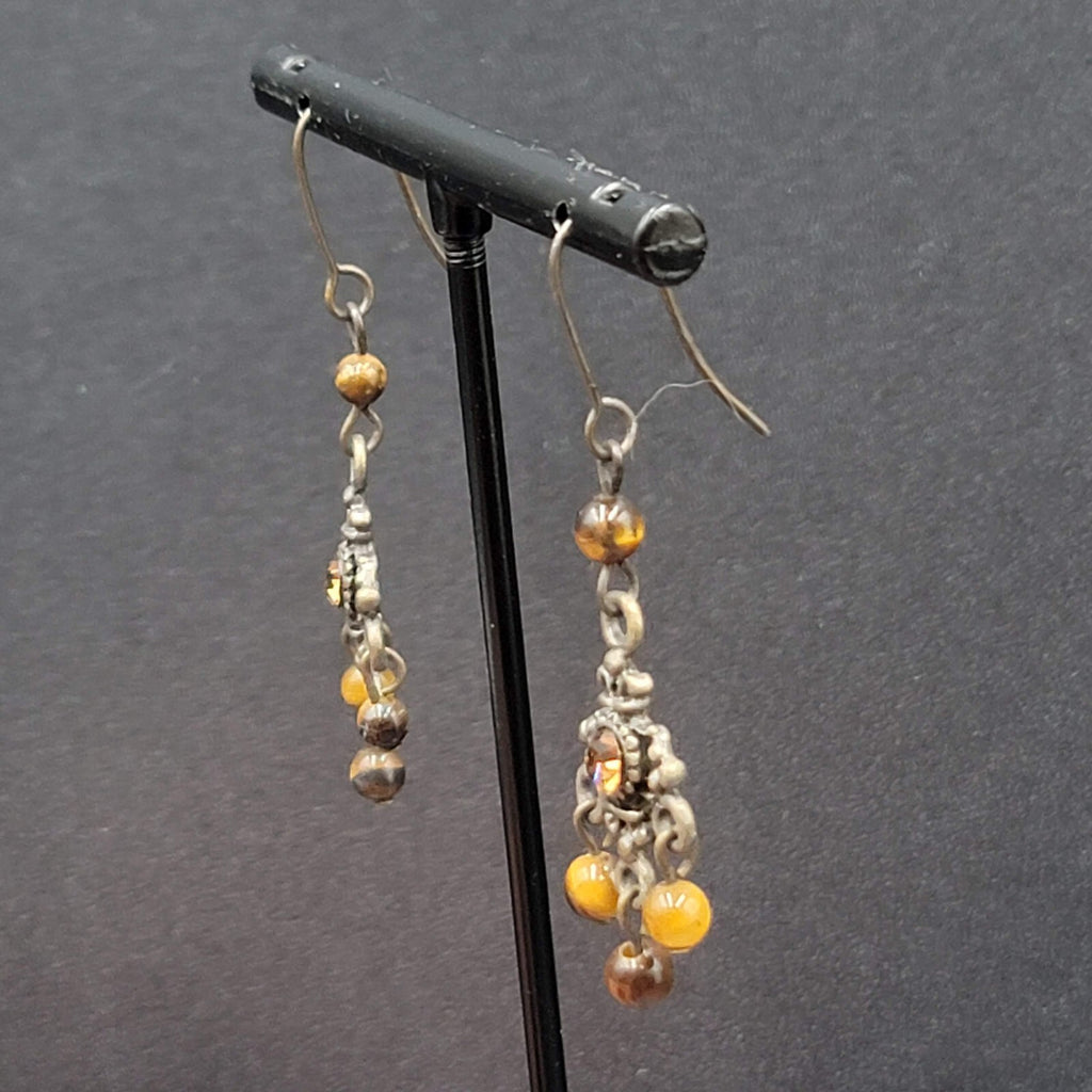 Pierced Earrings Bronze tone Tigers Eye Bead Orange Rhinestone Dangle 1.25"