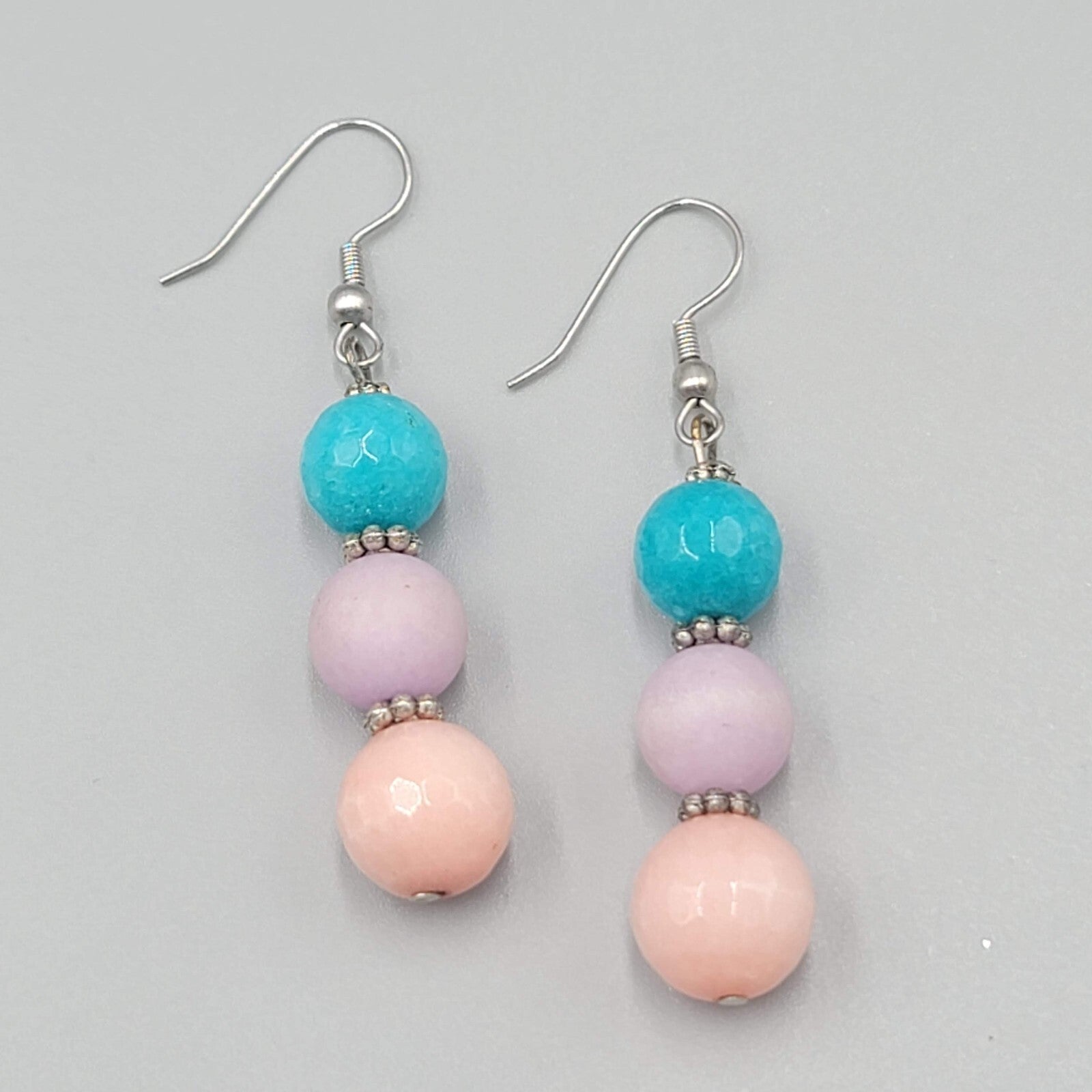 Pink Purple Blue Glass Bead Pierced Earrings Silver tone Dangle 1.5"