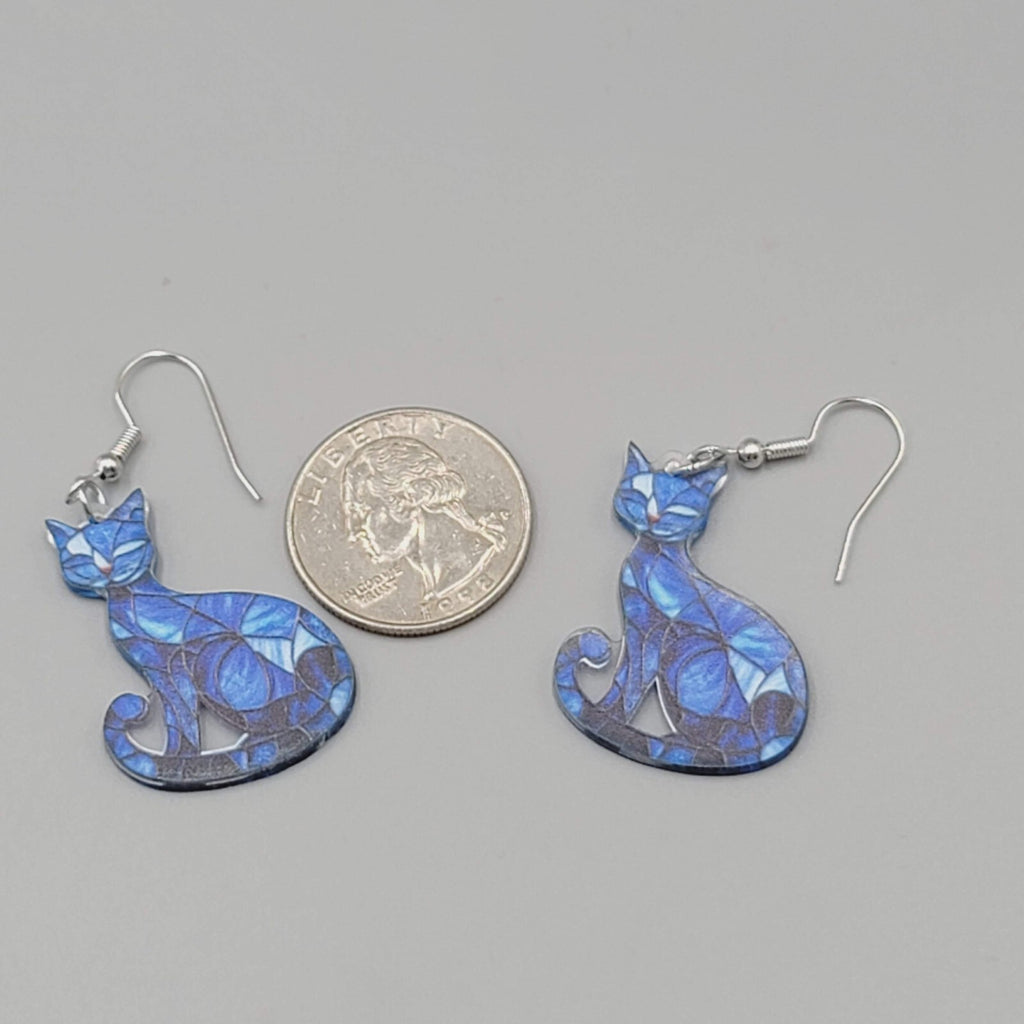 Blue Kitty Cat Pierced Earrings Mosaic Acrylic Dangle 1 3/8"
